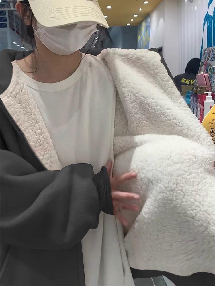 Damen Lammwolle Kapuzenpullover - Super Warm Koreanischer Stil, Locker geschnitten, Plus Samt, Frühling/Herbst Strickjacke