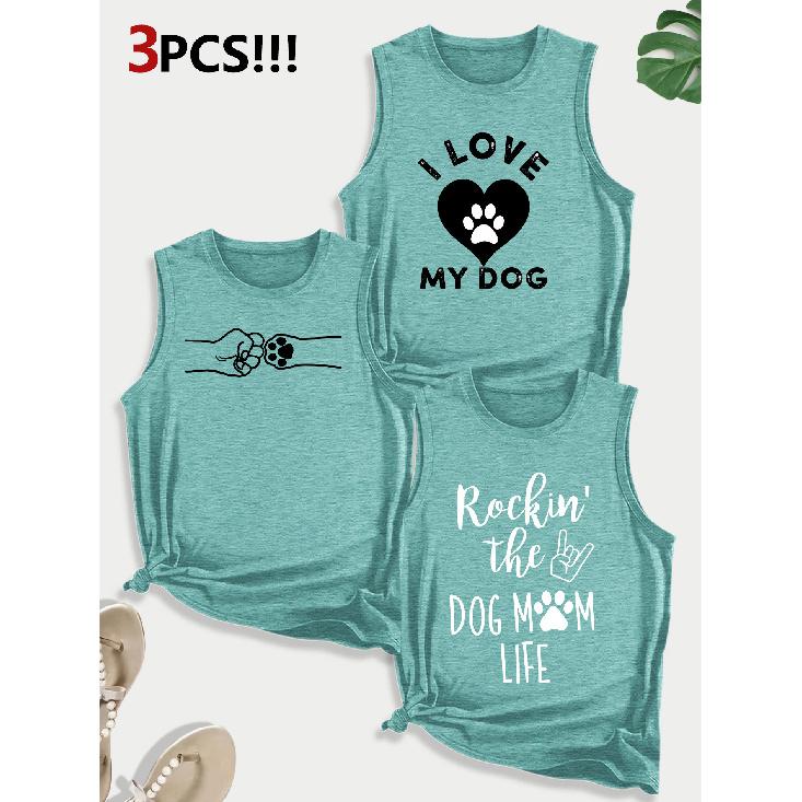 Dog Lover Paw Print Combination Gift Printed Pattern Round Neck3Pack of Sleeveless Vests for Women In Spring, Summer, and Autumn