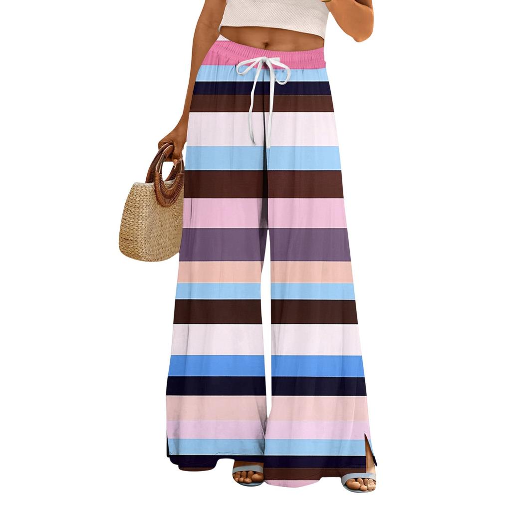 Damen Bedruckte Weitbeinige Hosen mit Taschen Hohe Taille Kordelzug Lockere Freizeit-Hosen