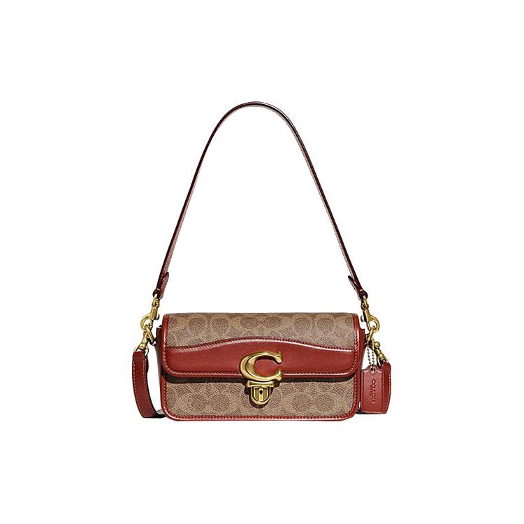 New COACH Studio Cow Leather Shoulder Bag, Small Square Bag, Handbag, Shoulder Bag, Crossbody Bag Women's Brown & Red CE764-B4NQ4