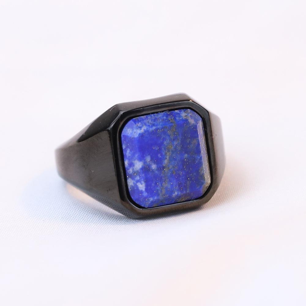 European & American Minimalist Retro Geometric 22MM Square Lapis Lazuli Inlaid Stainless Steel & Titanium Ring