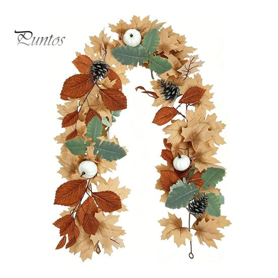Holiday Gifts for Family Artificial Fall Maple Leaf Wreath, Autumn Vine with Pine Cones Pumpkins, Reusable Realistic Orange Red Leaves Hanging