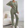 Western Style Spring and Autumn New Cross-Border V-neck Solid Sunken Stripe Loose Long Sleeves Shirt Trousers Casual Two-piece Suit Women Clothes