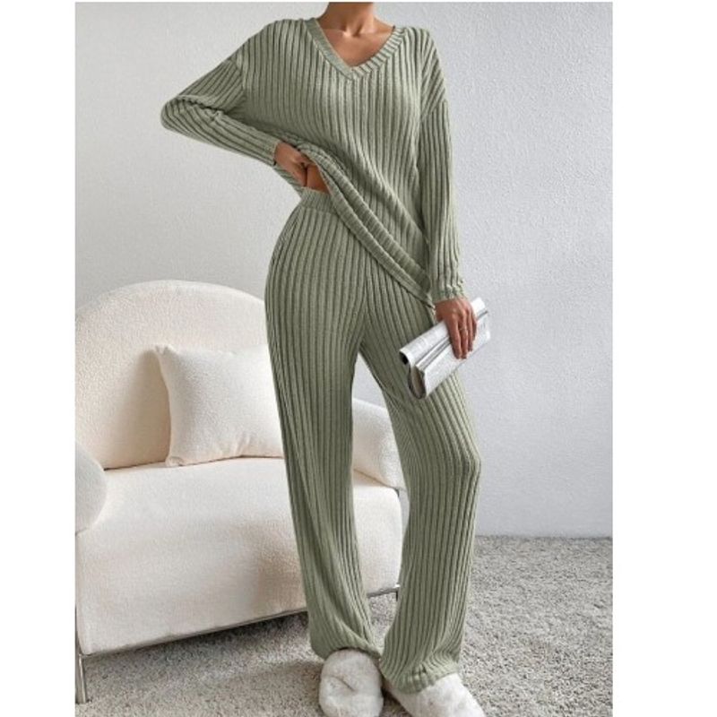 Western Style Spring and Autumn New Cross-Border V-neck Solid Sunken Stripe Loose Long Sleeves Shirt Trousers Casual Two-piece Suit Women Clothes
