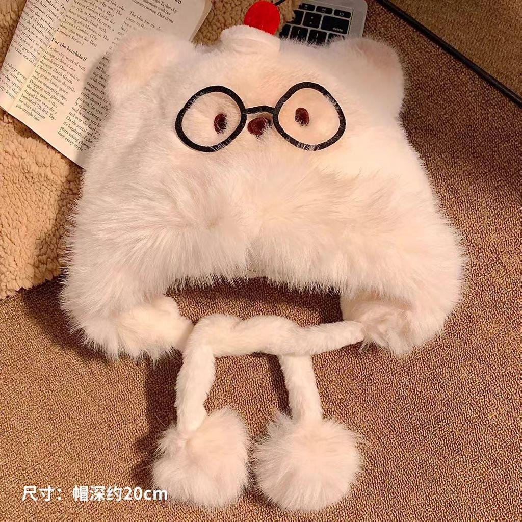 Cute cartoon bear plush hat scarf integrated women's autumn and winter thickened cold-proof ear protection scarf hooded
