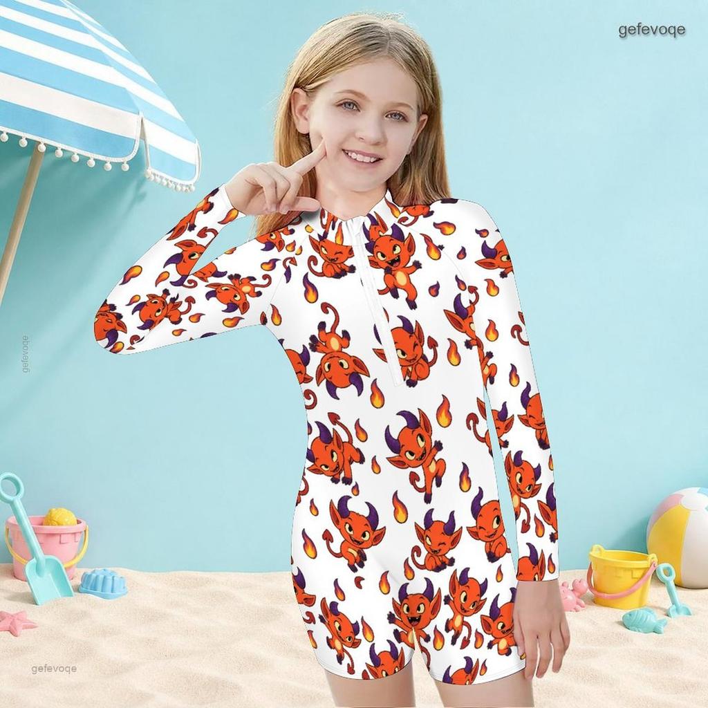 Girls High Neck Long Sleeve Front Zip Cartoon Printed Boyshort One Piece Swimsuit