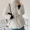 Winter Stand-up Collar Cotton Jacket Women Single-breasted Long-sleeved Solid Belt Thick Coat Korean Fashion Pocket Outerwear