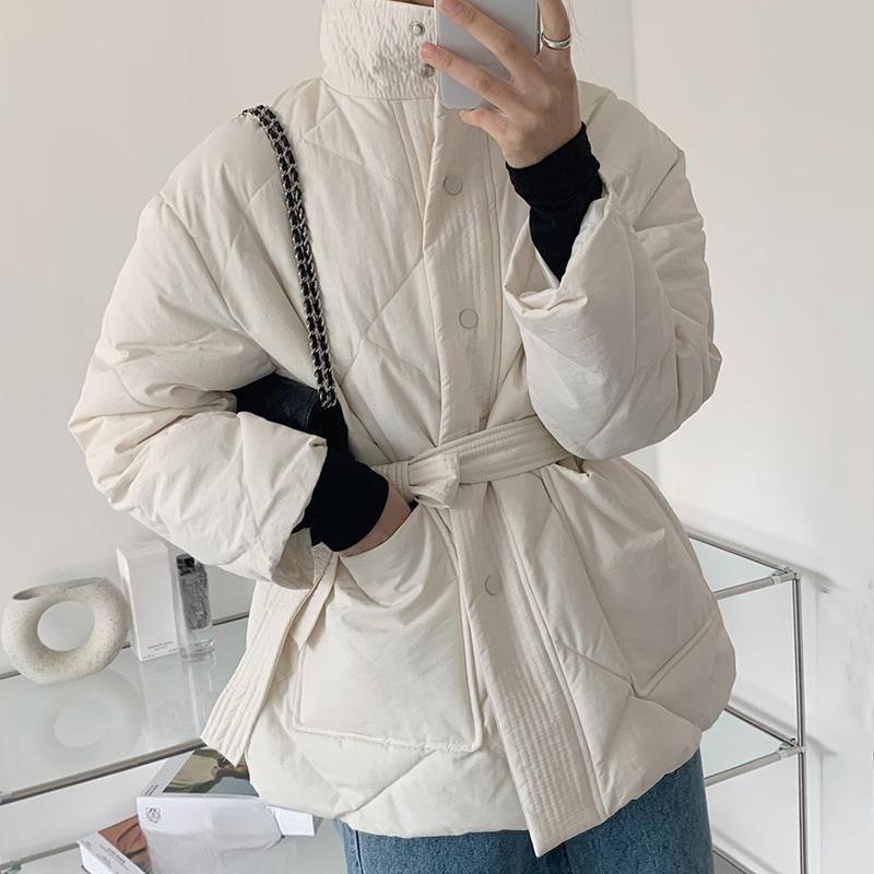 Winter Stand-up Collar Cotton Jacket Women Single-breasted Long-sleeved Solid Belt Thick Coat Korean Fashion Pocket Outerwear