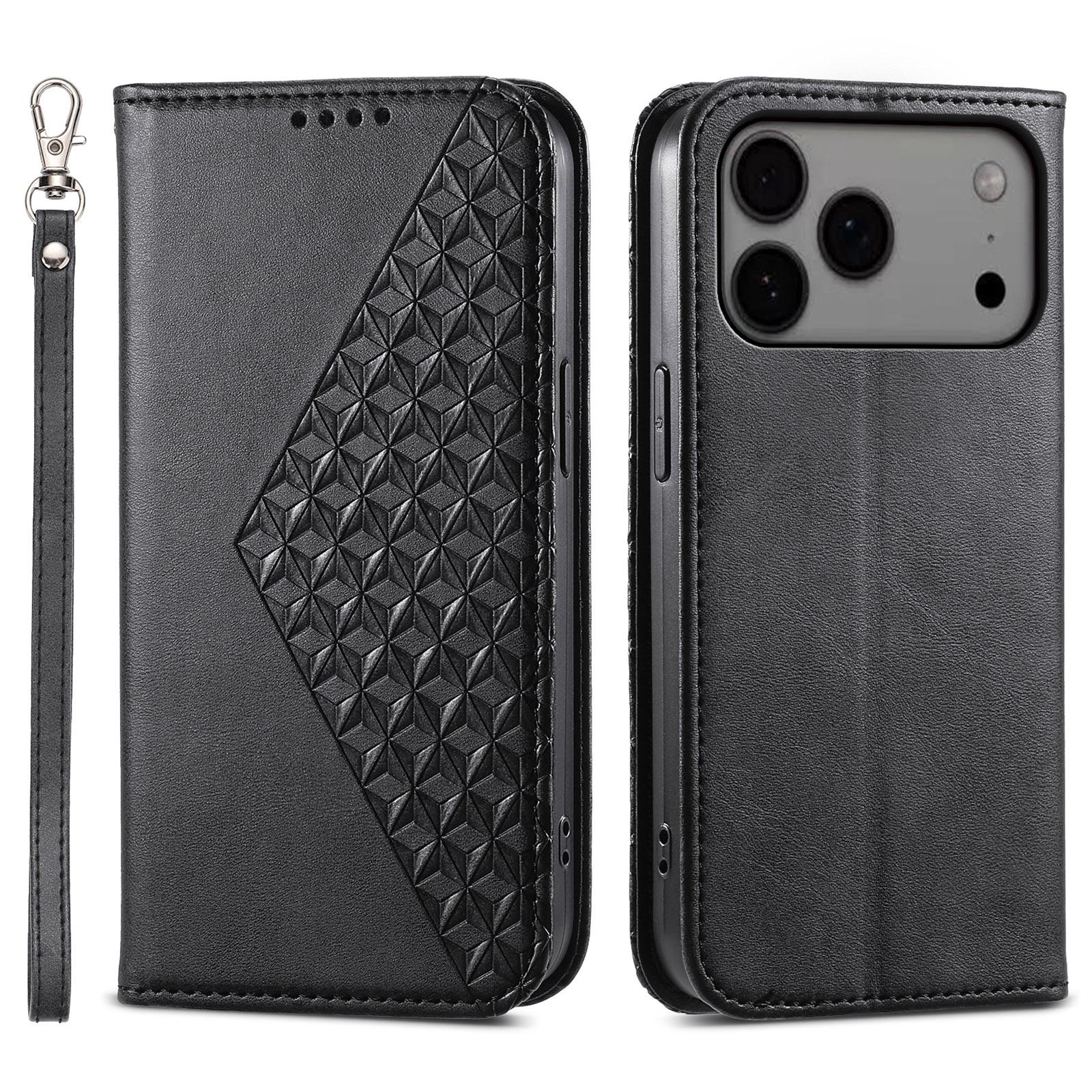 

For iPhone 17 Pro Max Case Calf Texture PU Leather Wallet Phone Cover with Wrist Strap Black