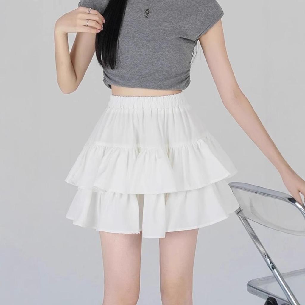Women's White Ruffle Puff Cake Dress - Ballet Style, High Waist, Petite A-Line Midi Skirt