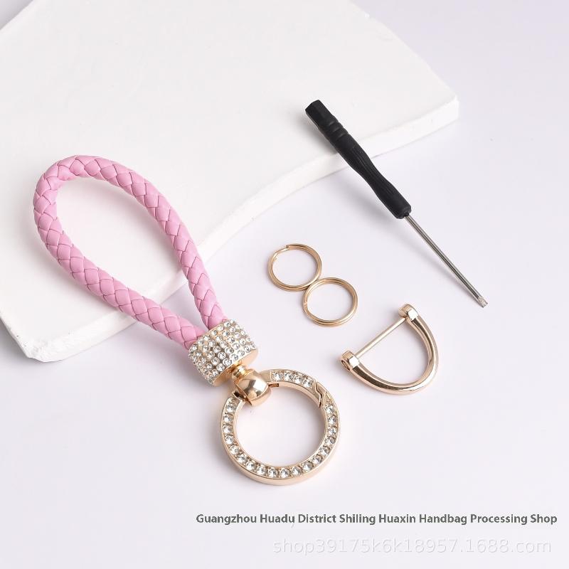 Handcrafted Braided Rope Keychain Sparkling Rhinestones - Stylish Monochrome Car Key Ring Fashion-Forward Accessory