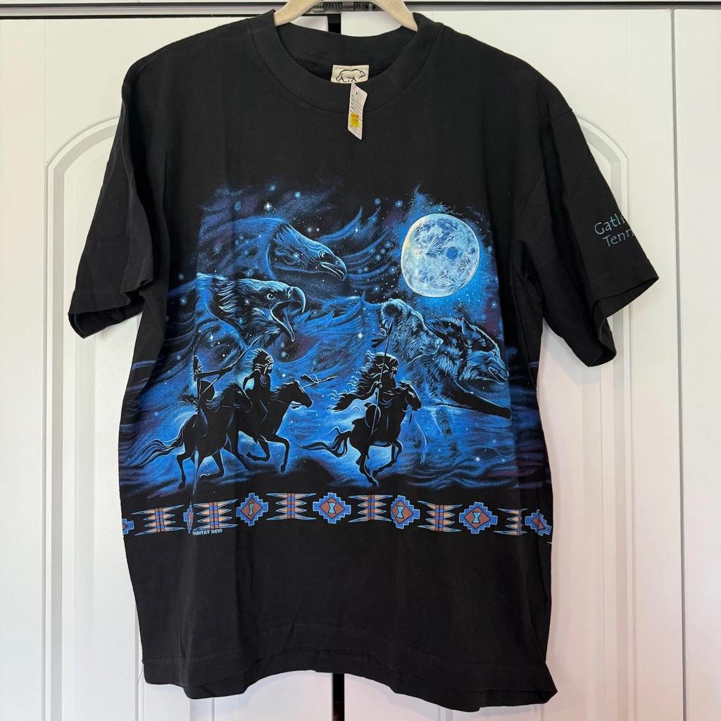 New VTG Native American Horseback Wolves Eagles Neon Graphic T-Shirt 90s Y2K M