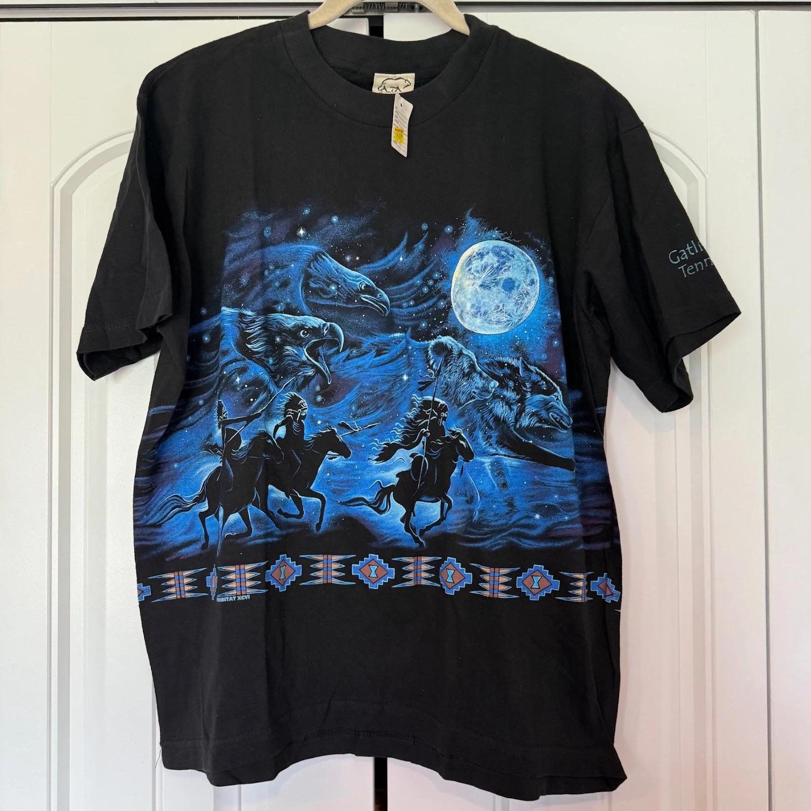 

New VTG Native American Horseback Wolves Eagles Neon Graphic T-Shirt 90s Y2K M M
