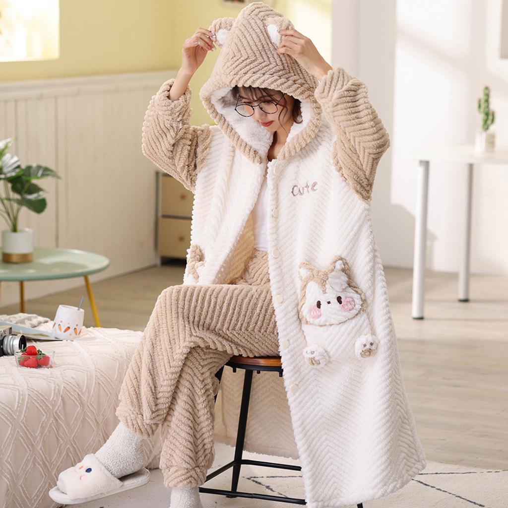 Winter Hooded Long-sleeved Pajamas and Pants Warm Flannel Pajamas Set for Women Cute Cartoon Doll Bear Role-playing Bathrobe