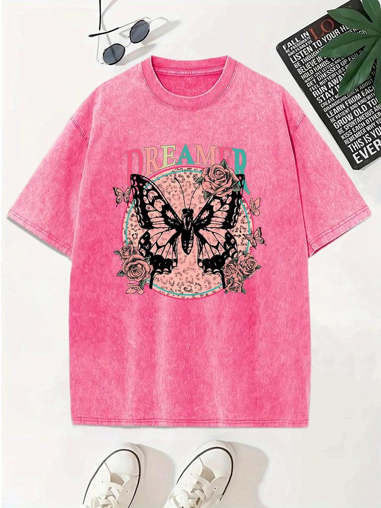 Dreamer Butterfly Printing Washed TShirts Womens Cotton Oversized Tops Comfortable Distressed ONeck T Shirts Summer Clothes
