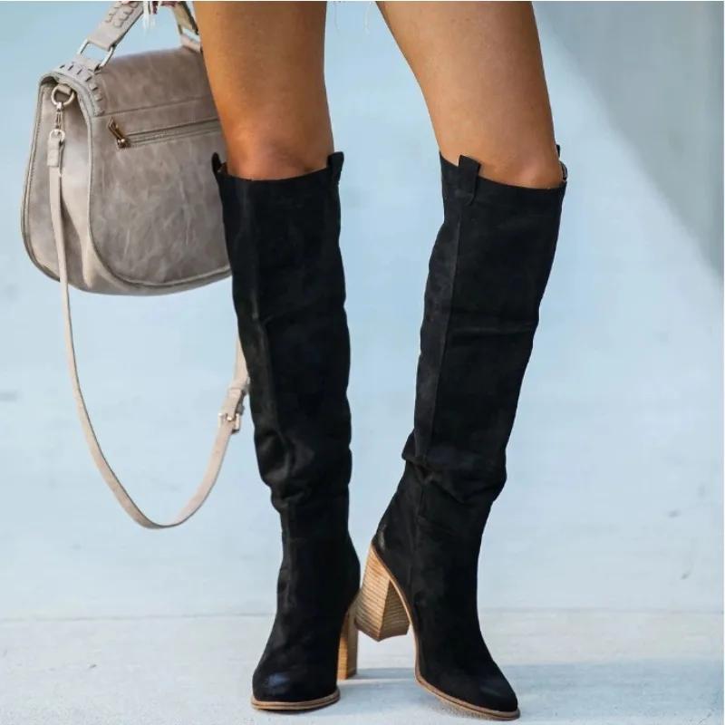 Fashion New Style Popular Women Fashionable Casual Vintage Retro Long Knee-high Cowboy Boots Square Heels Shoes Boot Woman Zapatos Mujer