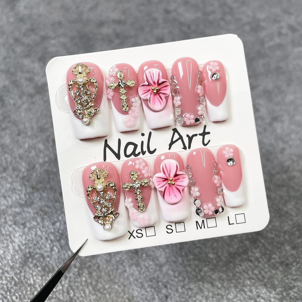 10Pcs Sweet Nude Pink Ballet French Coffin Press On Nails Handmade Metal Gold Rhinestone Flower Reusable Fake Nail Stickers