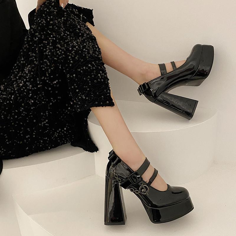 Fashion Women's Thick Heel Shoes Winter New Round Head Shallow Mouth Metal Chain Thick Sole Anti-slip Wear-resistant High Heels
