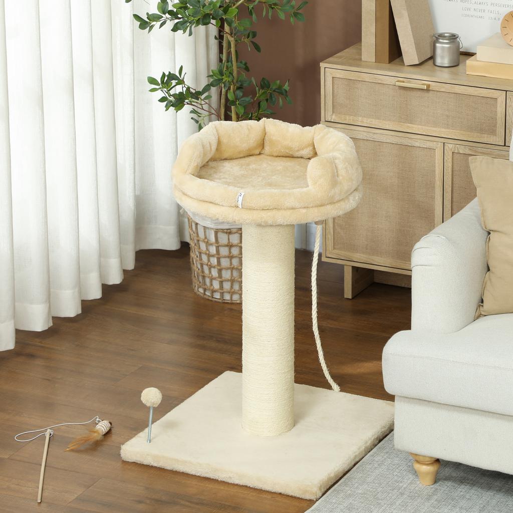 Cat Tree Scratcher Design Hanging Ball and Cord Toy + Plush Platform - 55 x 55 x 83 cm - Beige Sisal