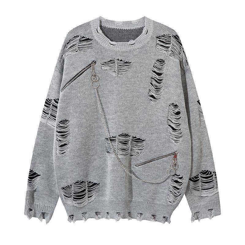 Pull Zippé Déchiré Tendance Unisexe Automne 2024 - Maille Streetwear Ample