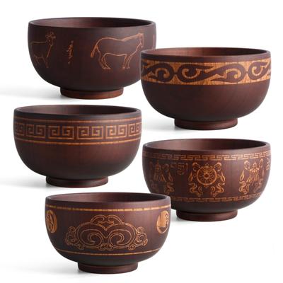 Vintage Wooden Bowl Carving Pattern Fruit Salad Bowl Noodle Rice Soup Bowl Craft Decoration Kitchen Utensil Tableware