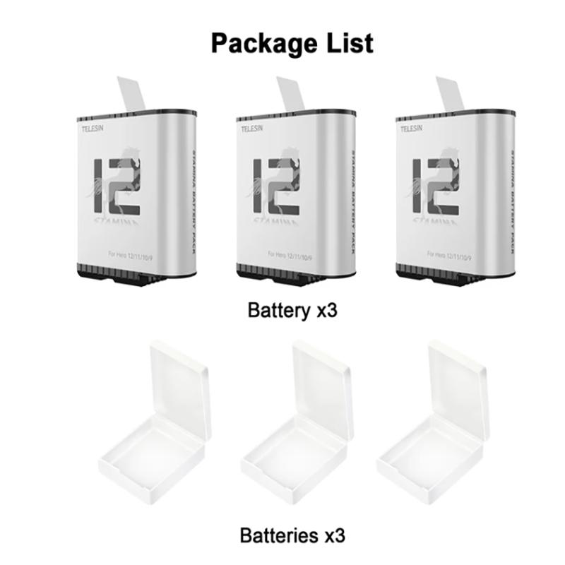 TELESIN For GoPro Hero 12 11 10 9 Endurence Battery 3 Slots TF Card Battery Charger Box 1750 mAh Battery Storage Charger Case