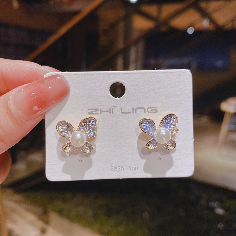 925 Sterling Silver Korean Fairy Butterfly Pearl Earrings - Elegant, High-Quality Texture, Trendy Women's Studs & Drops