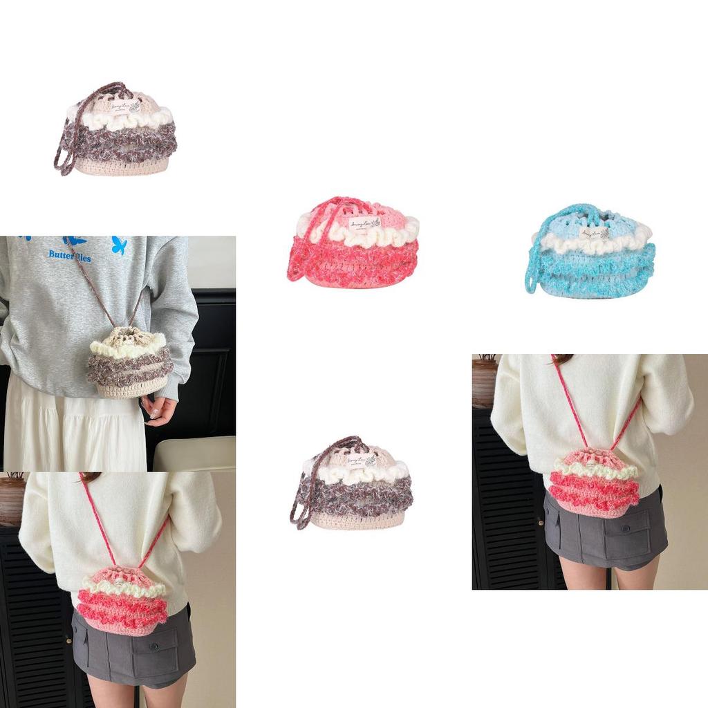 Cotton Linen Knitting Water Bucket Style Shoulder Bag For Kids And Teens