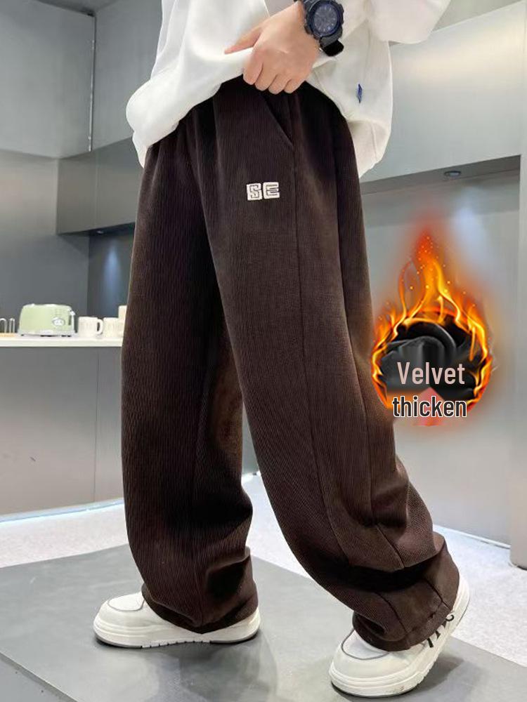 Trendy Boys' Corduroy Fleece-Lined Wide-Leg Pants for Autumn and Winter