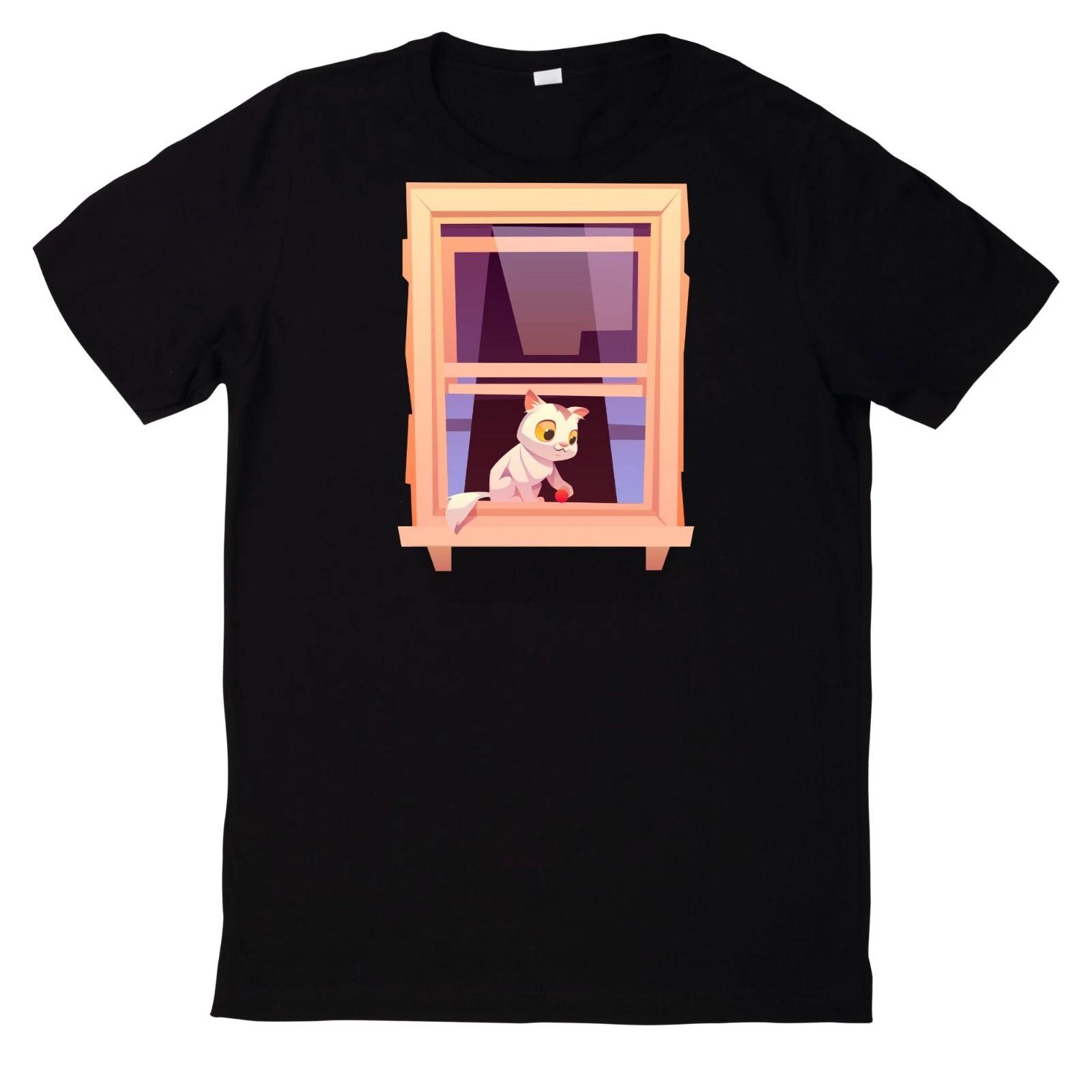 T-Shirt Katze Schaut Aus Dem Fenster Motiv Baumwolle XXXXL