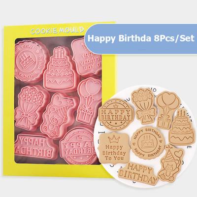 8 Pz/Set Stampo per Biscotti Buon Compleanno Modello 3D Corona Orso Palloncino PP per Alimenti Dolci Stampo per Biscotti, Strumento Stampo da Forno per Casa Cucina