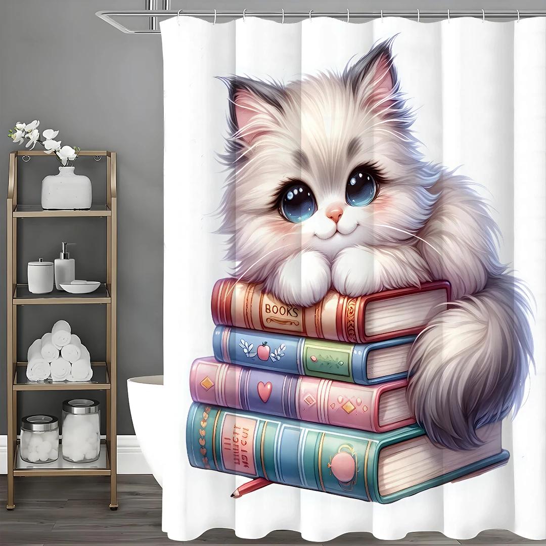 

Милый кот, развалившийся на книге, Книги Шторка для душа, Декоративная шторка для душа для ванной комнаты, Водонепроницаемая шторка для душа с крючками W90xH180cm