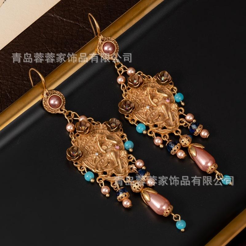 Medieval Vintage Jewelry Antique Heavy Industry Gold Dreamy Princess Relief Pearl Pendant Earrings
