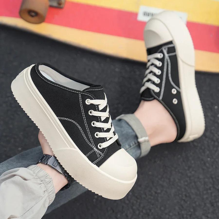 2025 Summer New Half-drag Canvas Shoes Without Heels, Lazy Person's One-foot Wear, Thick-soled, Big-headed Outerwear Board Shoes