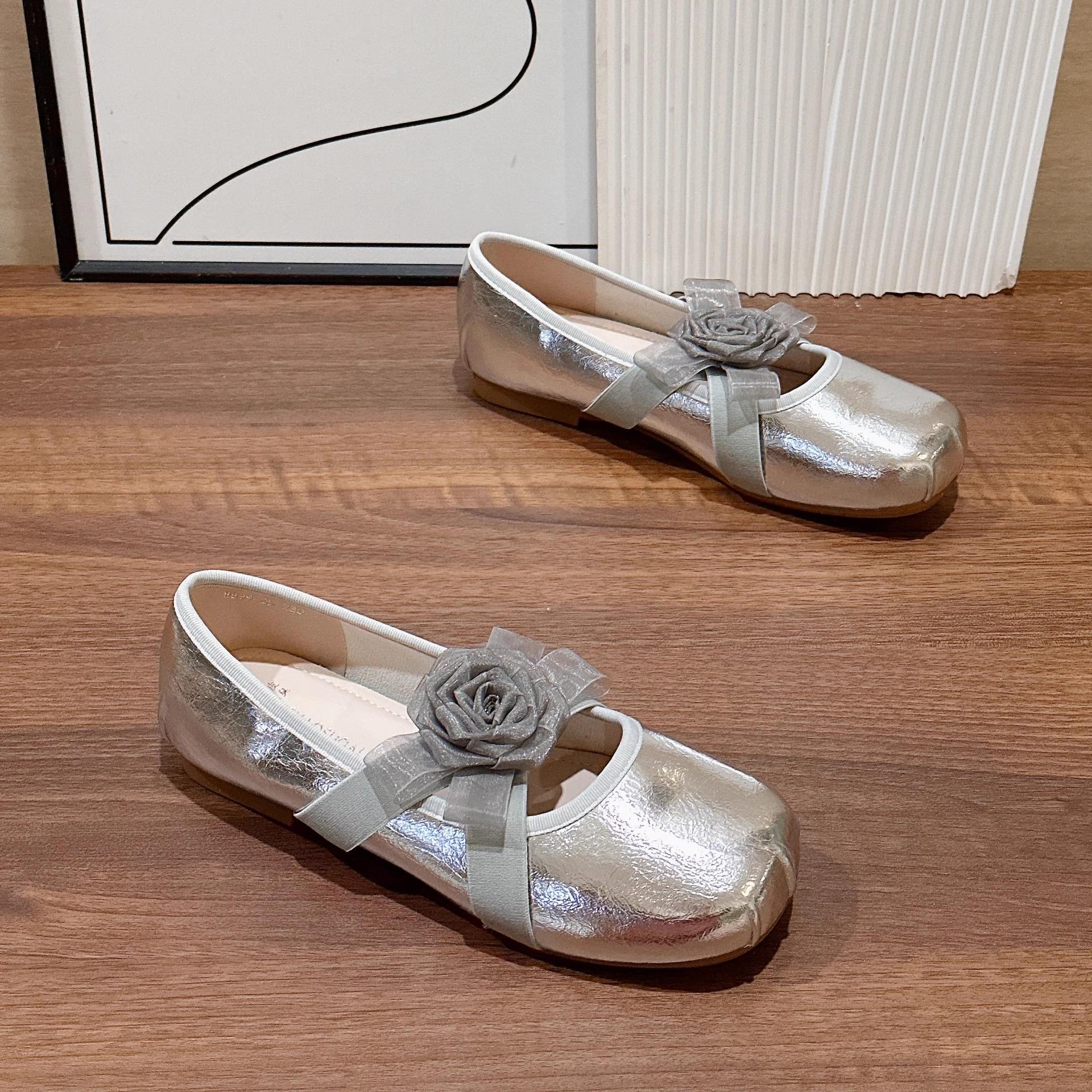 

Французские серебристые балетки-лодочки женские 2025 лето новая темпераментная фея цветов ветер Мэри Джейн туфли 40 серебряный