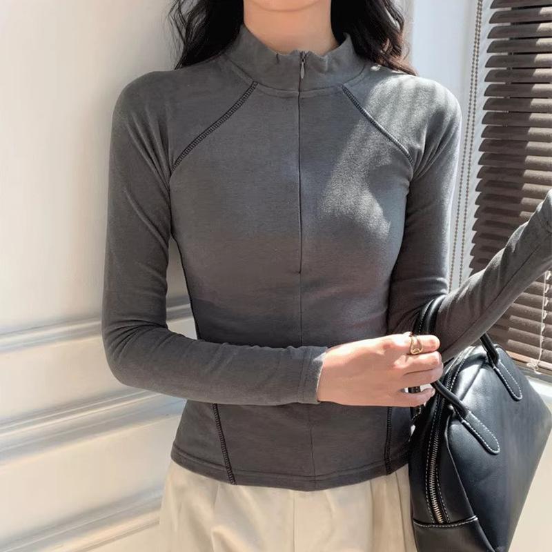 Semi-turtleneck zipper bone 2025 autumn and winter new shirt T-shirt casual versatile women