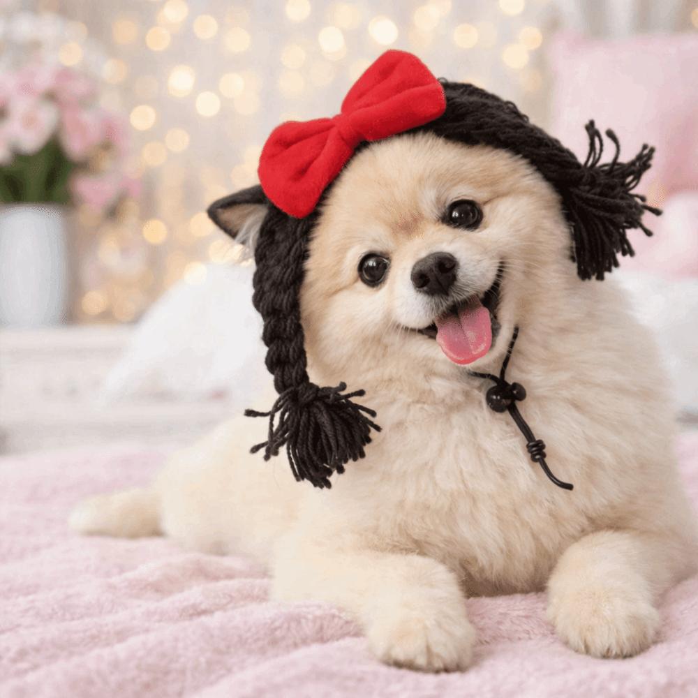 Double Braids Pet Wig Braid Bow Pet Headgear Pet Dress Up Cat Funny Headpiece  Cosplay Events