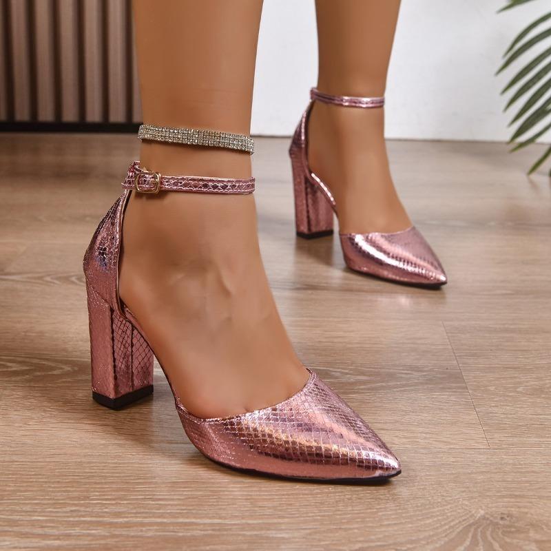 2025 Spring and Summer New French One Buckle Strap High Heels Block Heel Fashion Pointed Toe Women's Singles