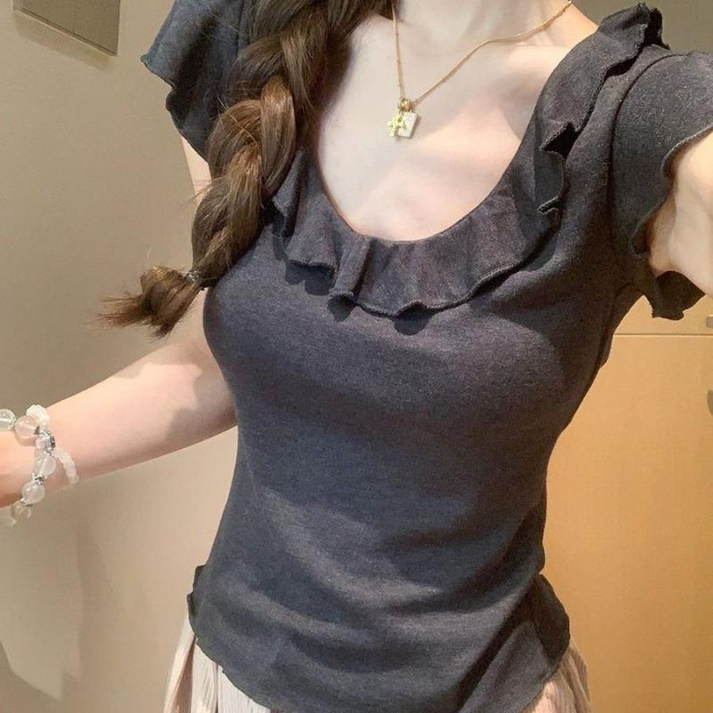 

Korean Style Dark Gray Ear-trimmed Large Straight Shoulder Short-sleeved Women s Early Spring Slim-fitting Short Style Top S серый
