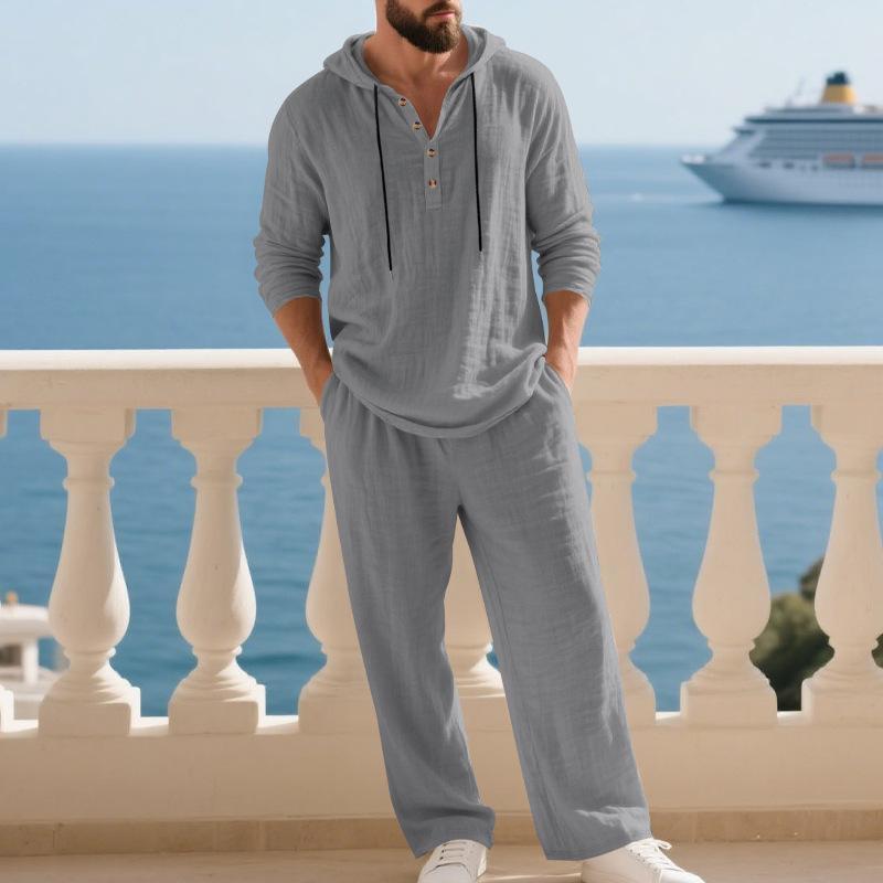 Men's Linen Hooded Long Sleeve and Pants Casual Home Wear Set - Spring/Autumn 2026 Collection