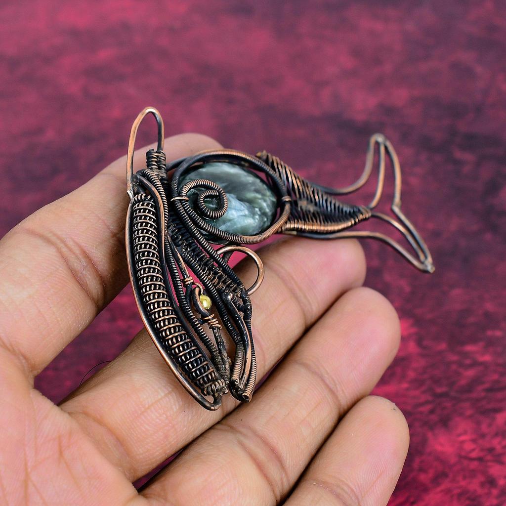 Seraphinite Gemstone Pendant Copper Wire Wrapped Pendant Fish Handmade Jewelry