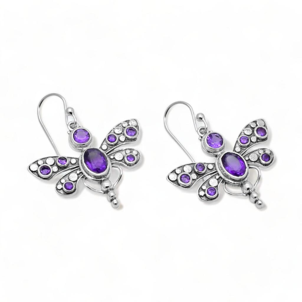Sterling Silver Dragonfly Earrings: Amethyst Gemstone Dangle Earrings