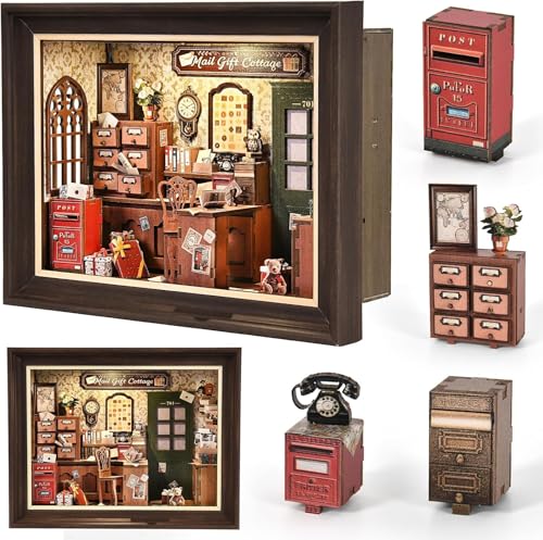 CRESYMME Dollhouse Miniature Book Nook Kit, Wooden 3D Puzzle, DIY Handmade for Adults (Time-Carrying Mailing House)