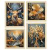 Paper Golden Deer Sunrise Scenery Flower Tree Art Paintings with Frame for Home Decor, Multicolor, Natural Wood Color Frames, Set of 4
