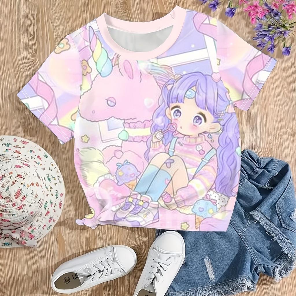 Children's Clothing Girl T-Shirt 3D Candy Color Print T-Shirt O-Neck Short Sleeve Tops Kids Summer Outdoor Casual Girl Clothes