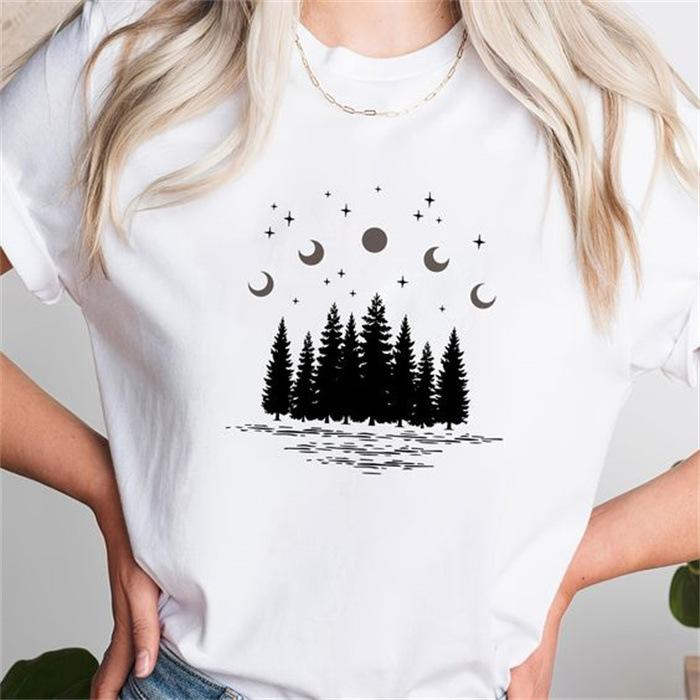 Letní top s kulatým výstřihem a potiskem Módní Ležérní Roztomilá dámská trička z čisté bavlny s krátkým rukávem