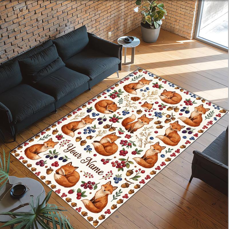 Fox Theme Crystal Velvet Floor Rug Personalized Custom Name Text Warm Carpet Home Decoration