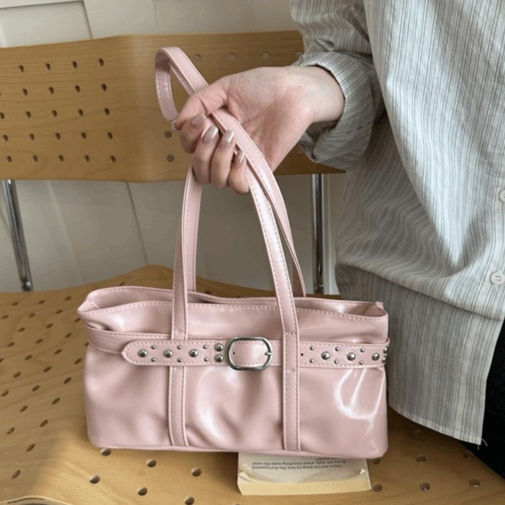 Rivet Belt Buckle Underarm Bag Shiny Tote Bag Trendy PU LeatherShoulder Bag For Women