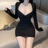 Foreign Style Fashion Long-sleeved Low-cut Tight Elastic Hip Skirt Spring and Autumn New Sexy Hot Girl Dress Women