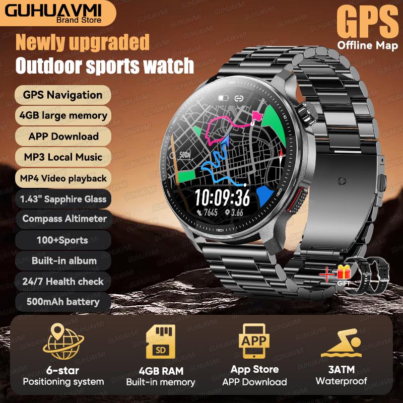 New Outdoor GPS Offline Map Sports Smart Watch Compass Altimeter 4GB Memory Video Music Playback Waterproof Smartwatch Men